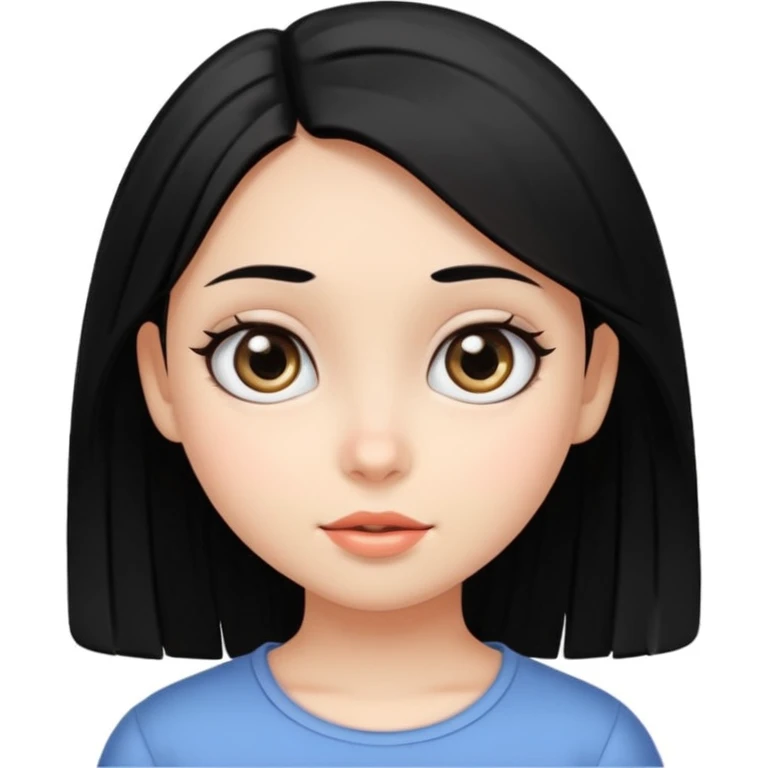Crear emoji de una chica de piel blanca ojos grandes negro pelo lacio negro con raya al medio tierna, dulce y alegre emoji