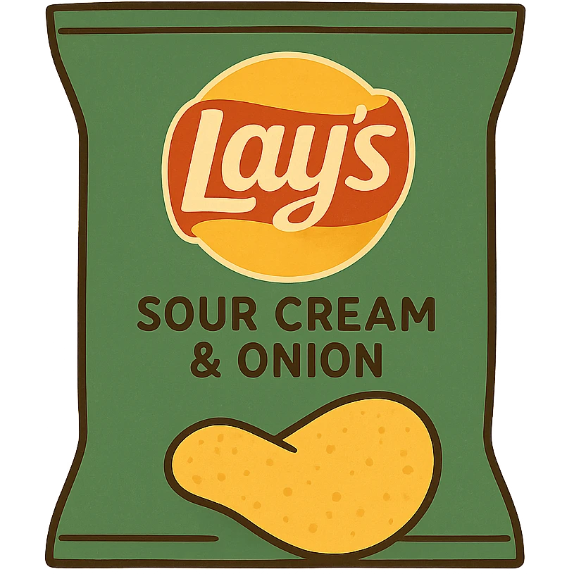 minimal flat design Lay's Sour Cream and Onion, green bag, yellow logo, one chip in front, clean and modern emoji
