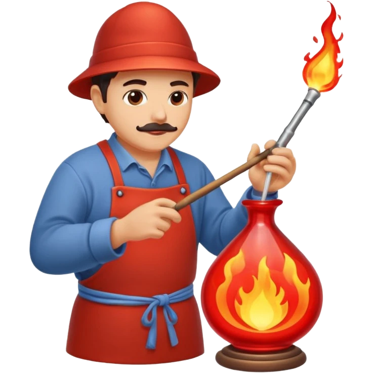 Glassblowing and casting icon, artisan shaping molten glass with a blowpipe, glass being poured into a mold, glowing red-hot glass, delicate patterns, minimalistic style, clean lines, transparent background. emoji