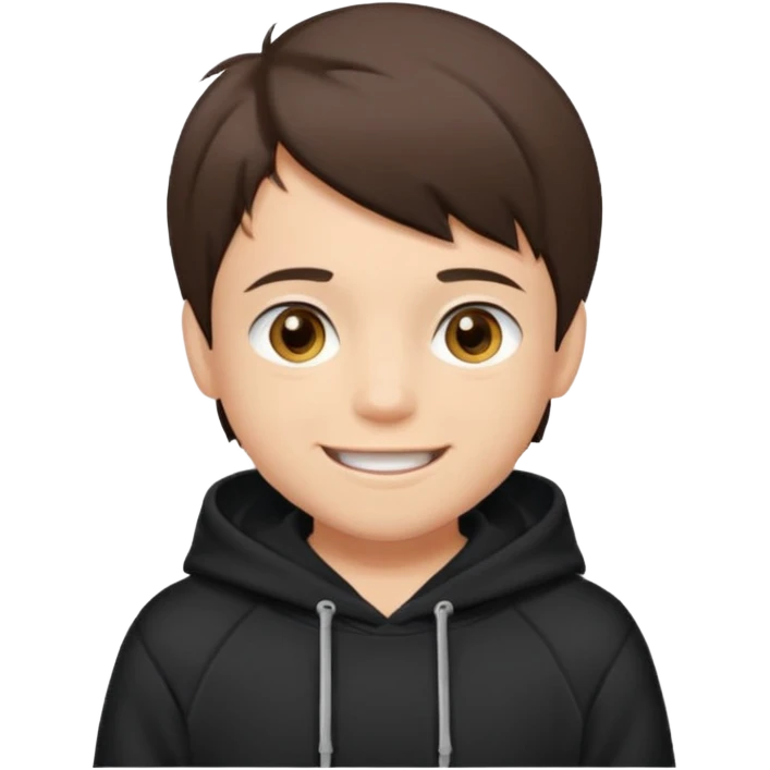 A brunette boy, short straight hair, light brown eyes, with a black sweatshirt with a hoodie, and smile without teeth  emoji