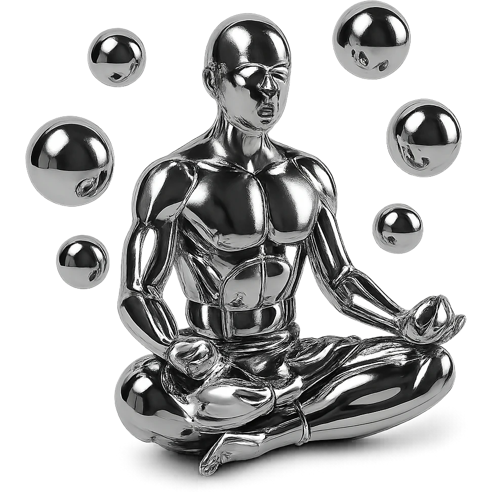 chrome style figure meditating in the lotus position, surrounded by multiple reflective metallic spheres floating around, highly polished emoji