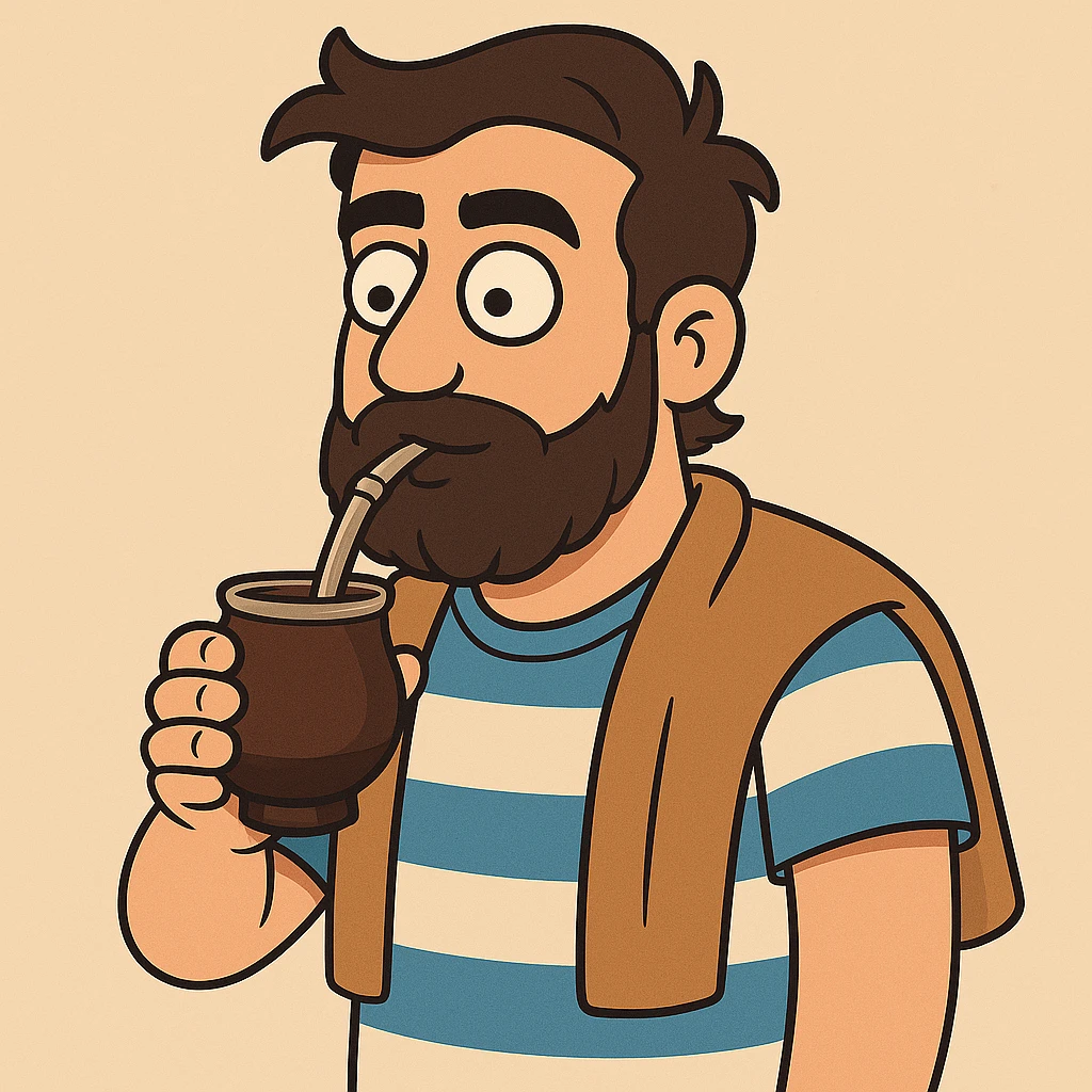 Add a beard to the Argentinian man with dark hair drinking mate in the same cartoon style as the original image. emoji