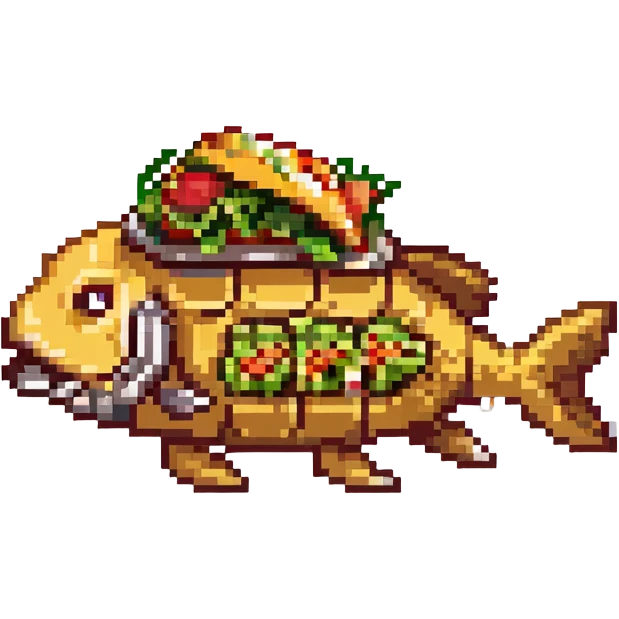 a cyborg robotic carp who's body is made from a filled crunchy taco, with lettuce salsa meat and cheese. he is fish taco bot man emoji