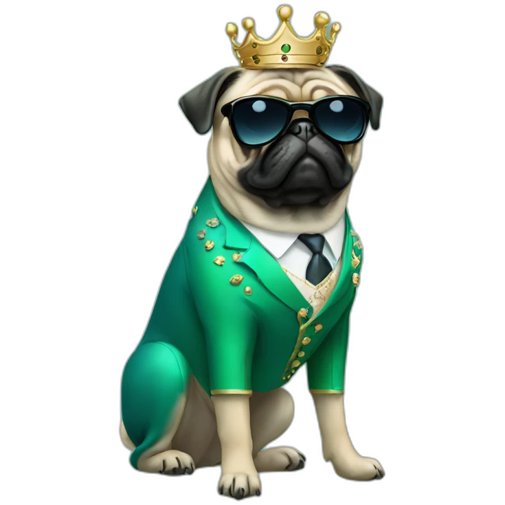 dog pug-in-gradient-green-blue-suit-with-and-black-sunglasses-standing-with-black-shoes with crown emoji