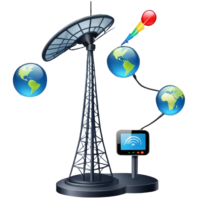 An icon featuring a satellite dish, a cell tower emitting signals, and a smartphone displaying a chat interface. The design includes fiber-optic cables and data waves, symbolizing global communication, connectivity, and information exchange. Transparent background. emoji