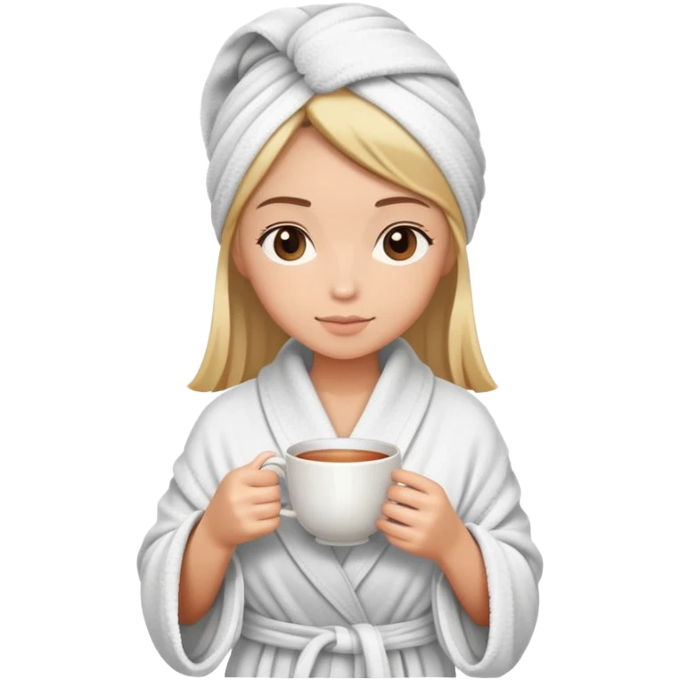 girl hair wrapped in towel wearing robe holding tea emoji