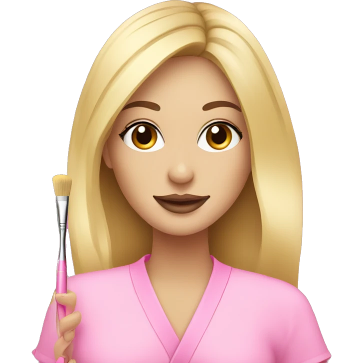 Blonde Esthetician wearing pink holding a fan brush emoji