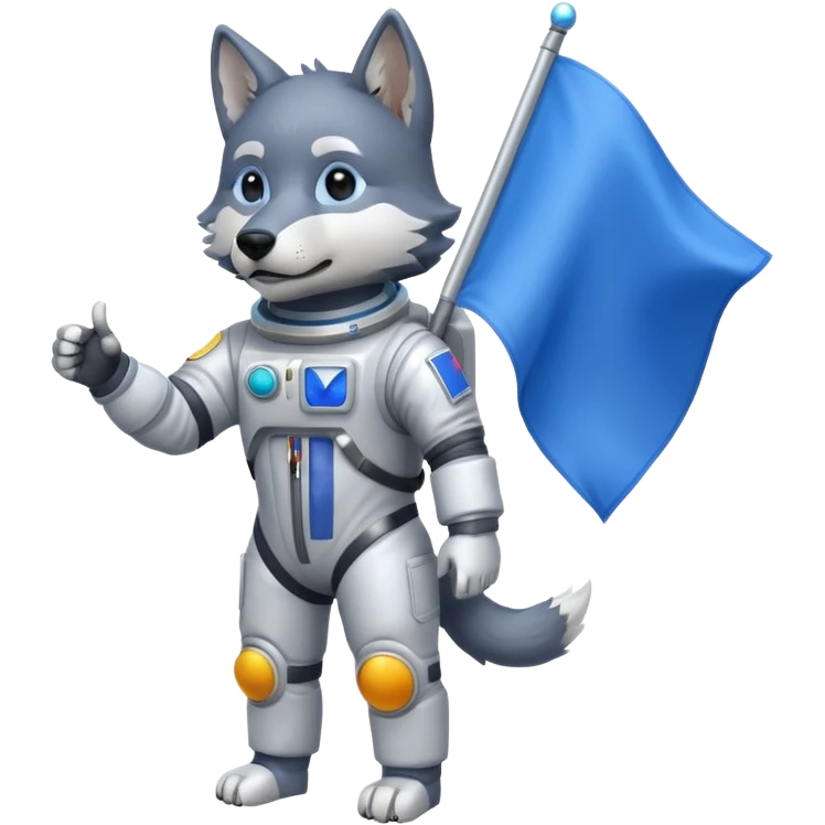 a wolf in space suit, holding blue rectangle flag, full body emoji