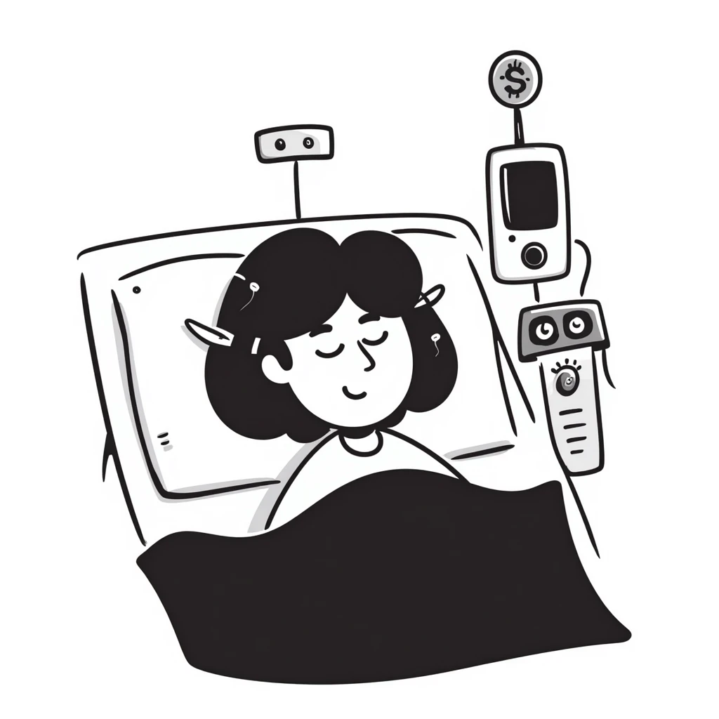 patient sleeping in bed with EEG electrodes, pulse oximeter, and other sensors for polysomnography sleep study emoji