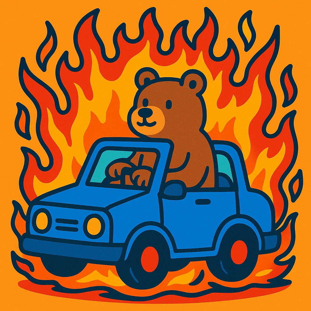 a brown bear calmly sitting in a blue car engulfed in cartoonish flames, vibrant colors emoji