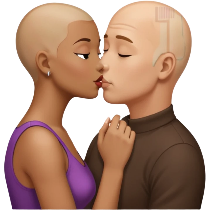 Bald man kissing brown  girl with short blond hair emoji