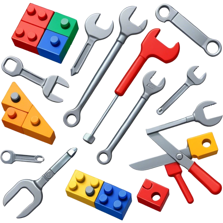 A photorealistic icon featuring colorful building blocks, interlocking pieces of a construction set, and tools like a small wrench or screwdriver. The design includes detailed textures of the blocks, capturing the creativity and fun of building with construction sets. Transparent background emoji