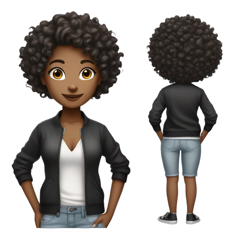 A girl her hair is curly beautiful, cool she is white and black like she is turned skin she wearing a emoji