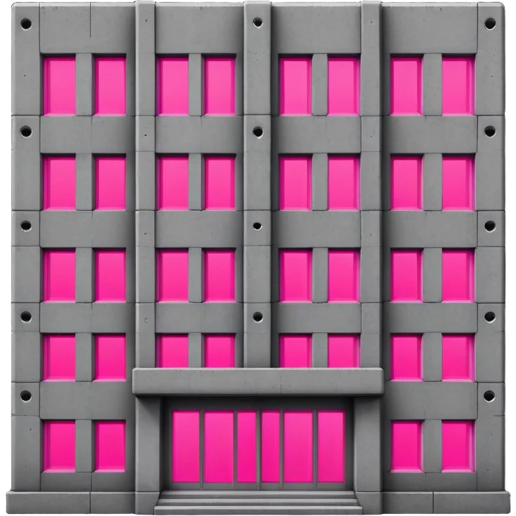 brutalist gray concrete block building with two neon pink windows and many normal windows emoji
