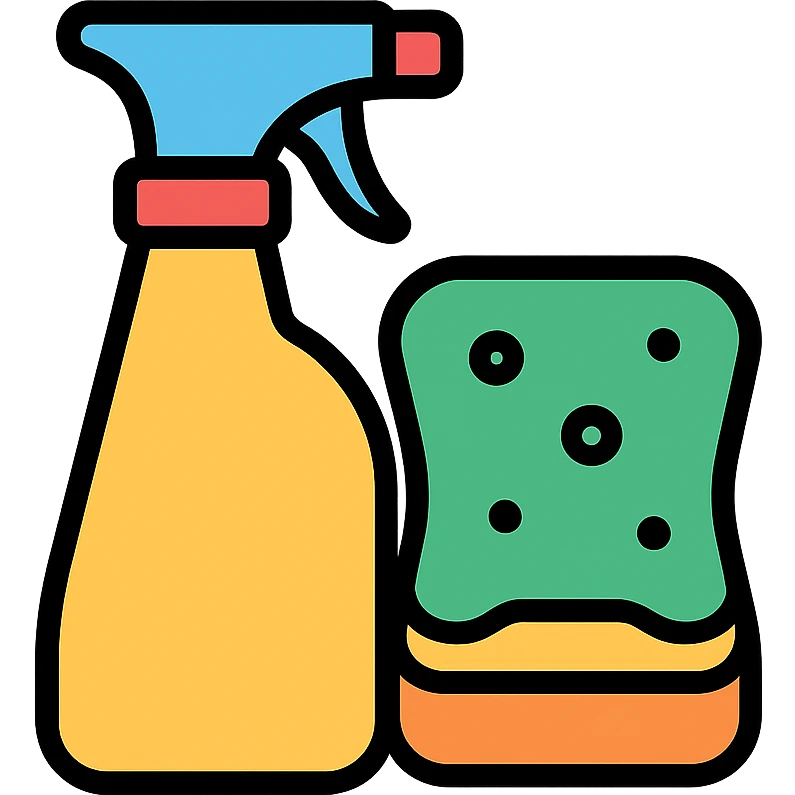 colorful icon of cleaning supplies, including spray bottle and sponge emoji