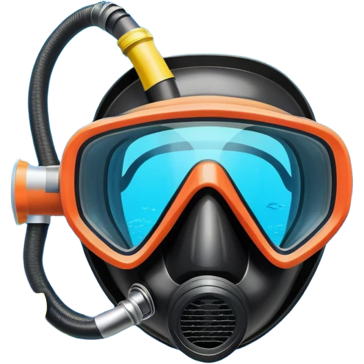 An icon featuring a close-up of a diving mask, snorkel, and fins floating on the surface of vibrant blue water. In the background, coral reefs and tropical fish create a lively underwater scene. Transparent background highlights the beauty and adventure of the diving experience. emoji