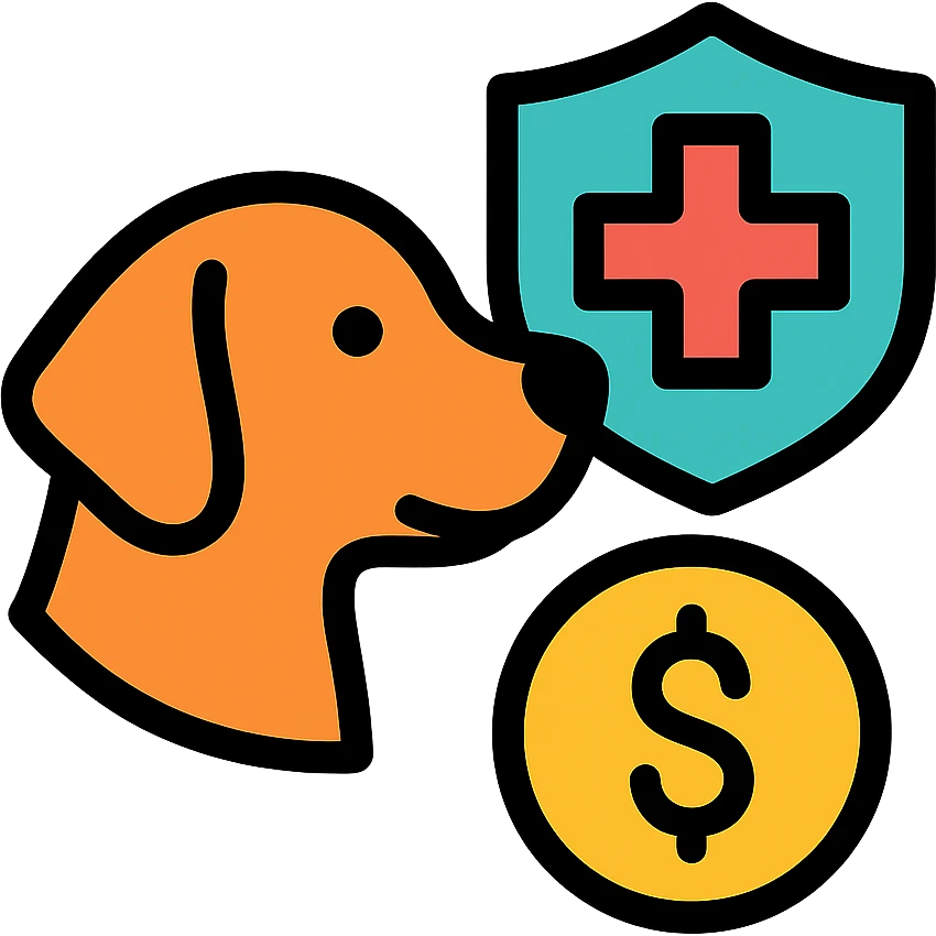 icon representing actions to combat diseases in dogs and expenses, clean visual style, elements including dog, health symbol (cross or stethoscope), and coin or dollar sign, transparent background emoji