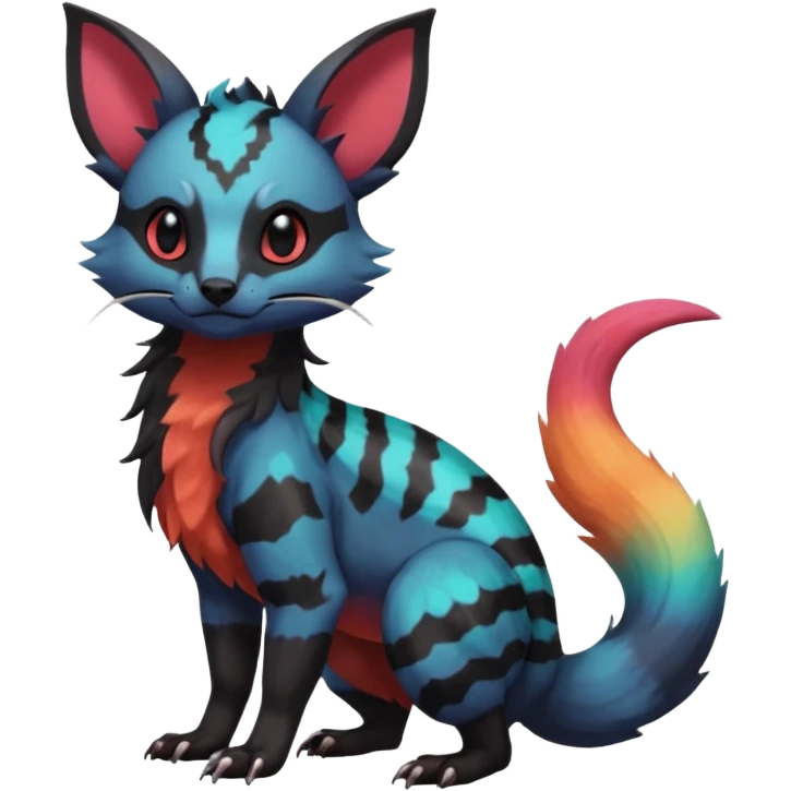 Rare beautiful pretty realistic handsome exotic cute epic aesthetic gothic colorful Salandit-Eevee-Civet-species-Fakemon-hybrid-creature, with markings, full body emoji