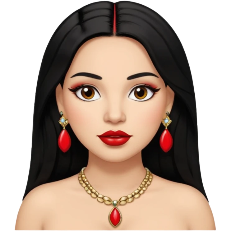 Mexican Light skin big brown eyes glamorous full figured women black medium straight hair red lips necklace and earrings long lashes emoji