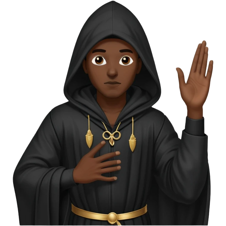 Black man in long black pointed-hood robe, striking a confident rap pose, one arm raised. Costume resembles a controversial historical uniform. Dramatic, provocative contrast in to emoji