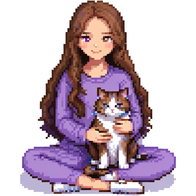 Add a cozy indoor background to the scene with a girl with long, wavy brown hair, brown eyes, purple clothes, sitting with a three-color cat in pixel art style. emoji