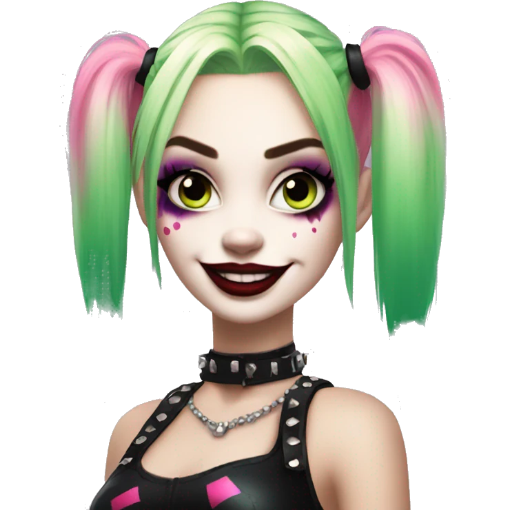 Sparkling goth punk Harley Quinn with blonde green and pink hair emoji