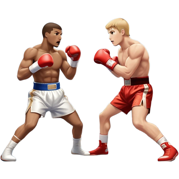 Two professional boxers in the ring fighting for the world championship title. One delivers a powerful straight punch to the head, while the other skillfully dodges. The background shows a brightly lit boxing arena with a roaring crowd. Transparent background emoji