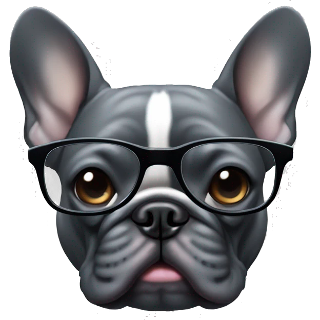 dark gray french bulldog with glasses in his mouth emoji
