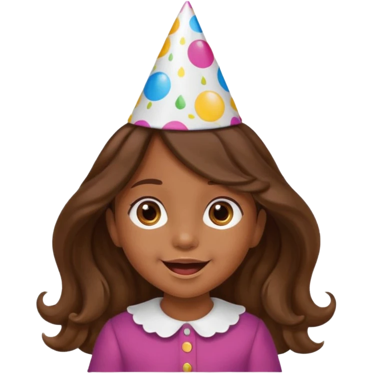 a little girl with brown long wavy hair with birthday hat, supprising















 emoji