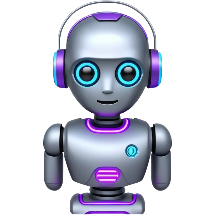 chatbot robot in gray color, with neon glow lines, blue neon glow on top left, purple neon glow on bottom right emoji
