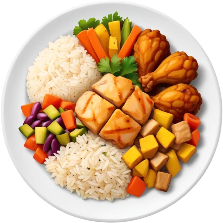 Full meal plate with rice, chicken pieces, and Puerto Rican vegetable mix emoji