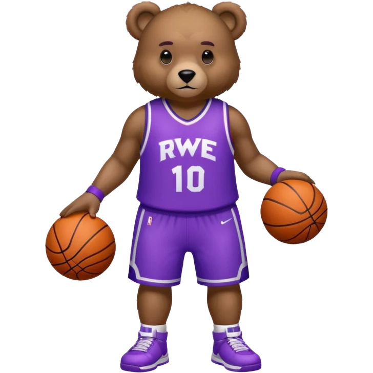 Bear with full body and wearing basketball white and purple jersey that says RWE  emoji