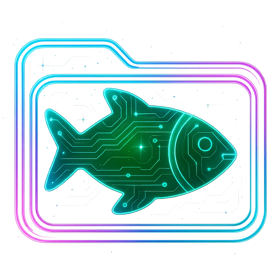 Transform the Greenfish logo into a cyberpunk, holographic style with glowing neon blue and pink edges, circuit patterns throughout the entire icon, and a transparent background. Keep the fish green and maintain the recognizable fish shape, overlaying neon and circuit effects in a futuristic, clean cyberpunk style with consistent glow and intricate circuit details. emoji