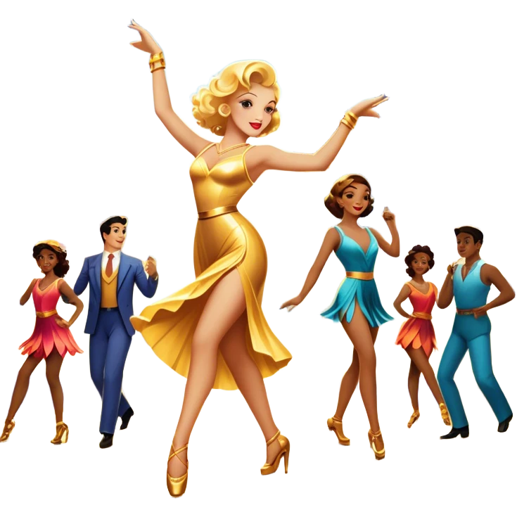 Vintage movie poster-style icon for a musical film. The cityscape glows in the background, evoking the golden era of musicals. A vibrant street scene with bright lights, dancers mid-step, a singer with a microphone among the skyscrapers. Transparent background. emoji