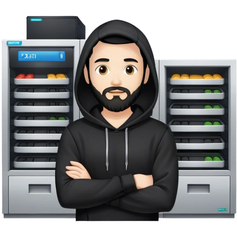 hackeur blanc cheveux noir barbe et capuche noir à côté d'un server emoji