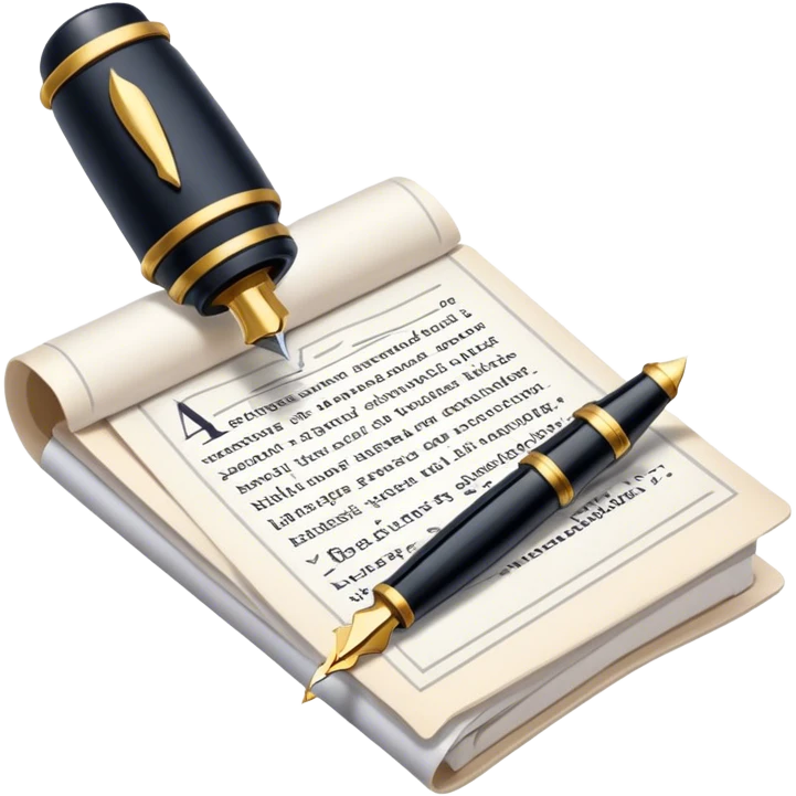 Create an emoji representing journalism and publicistic writing. The design should feature an open newspaper or a stack of articles with visible text columns, symbolizing opinion pieces and analysis. A classic fountain pen or ballpoint pen should be placed near the papers, indicating the act of writing. Optionally, include a small microphone or a press badge to emphasize investigative and journalistic aspects. Use neutral and professional colors like black, white, and muted blue or red. Do not include any emojis or smiley faces. Make the background transparent. emoji