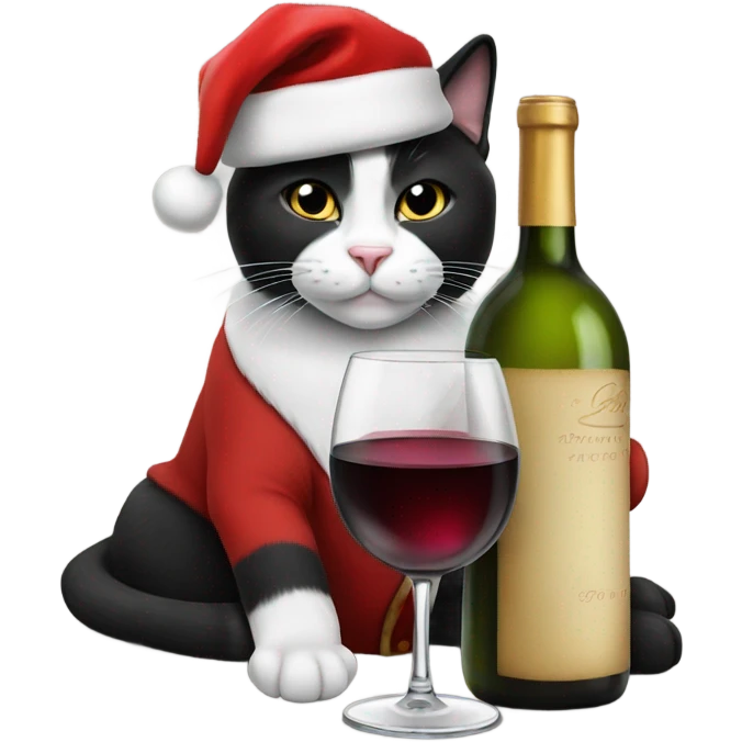 tuxedo cat drinking a glass of wine with a santa hat emoji
