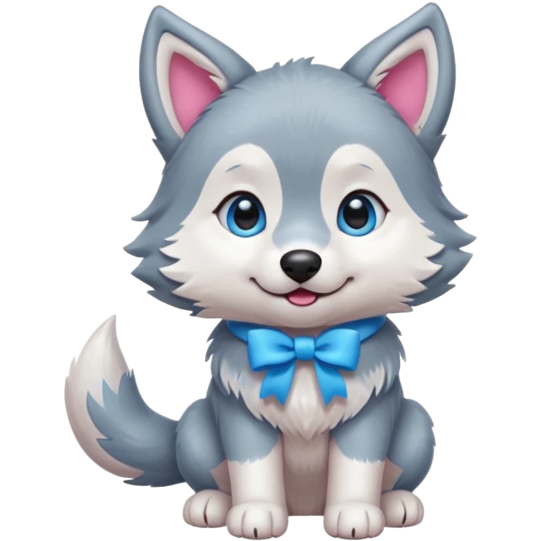an animated gif-style sticker emote of a wolf puppy in a play-bow wagging its tail in a smooth, natural arc over its back. It has a pink bow on one ear and bright blue eyes emoji