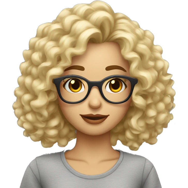 Chica rubia pelo rizado largo y con lentes, franela gris emoji