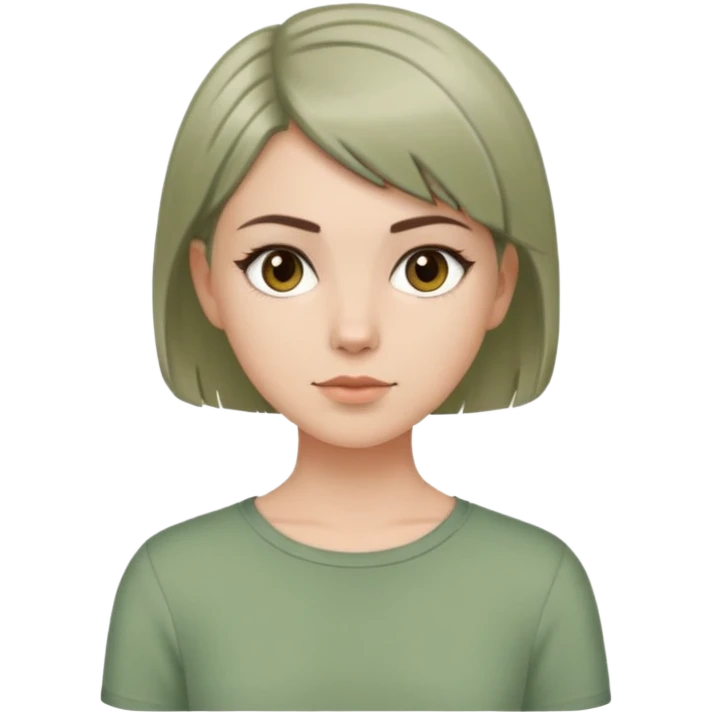 White girl with short wolfcut hairstyle, brown eyes, straight hair, wearing a sage green top emoji