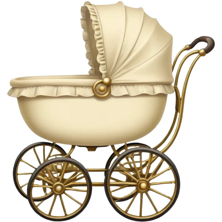 An antique baby stoller with bis wire wheels and a ruffeled bonnet emoji