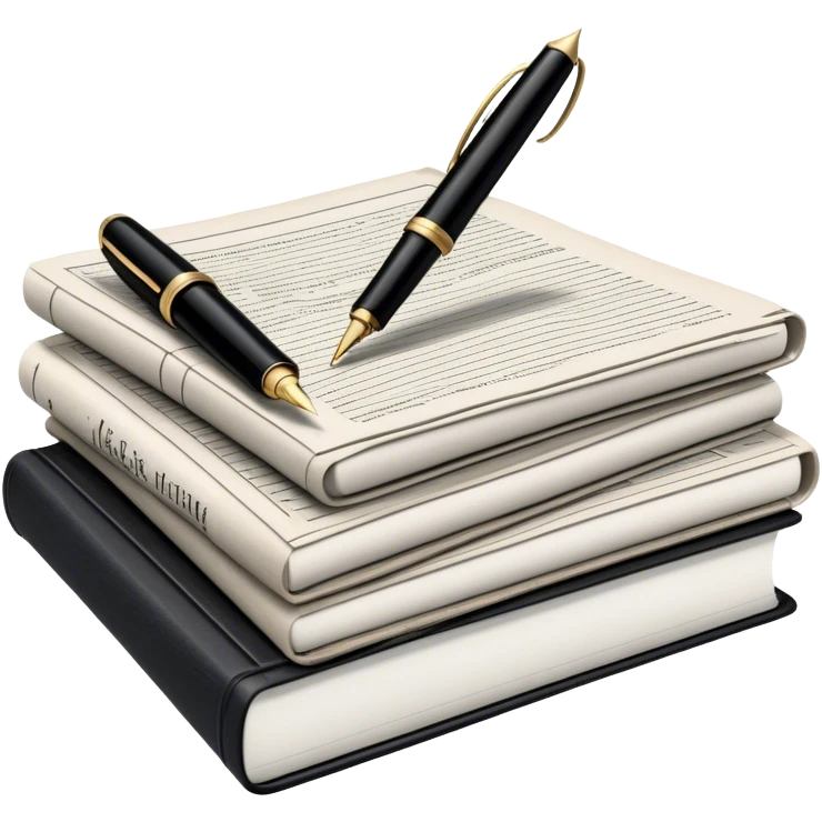Create an emoji representing journalism and publicistic writing. The design should feature a stack of newspapers, an open notebook, and a single classic fountain pen placed on top of the notebook, symbolizing the act of writing. The scene should convey a sense of professionalism and thoughtful analysis. Use a neutral and professional color palette, with black, white, and muted tones. Do not include any emojis or smiley faces. Make the background transparent. emoji