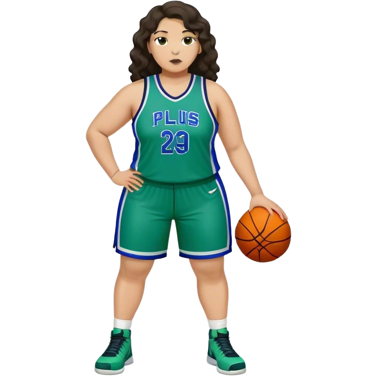 full body plus size light skin latino women basketball player with wavy dark hair large wide nose wearing blue with green uniform emoji