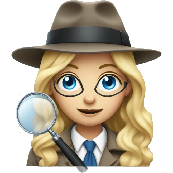 Girl with long wavy blonde hair and blue eyes, dressed as a detective with a magnifying glass over one eye emoji