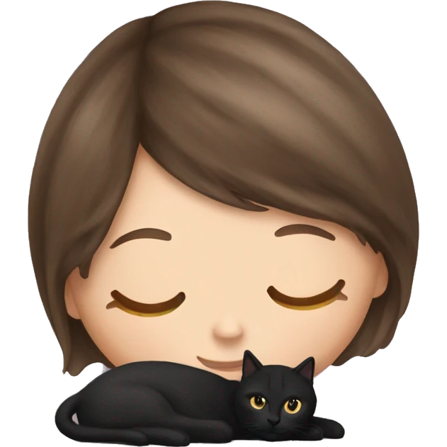 White Girl with long brown hair and bangs napping with a black cat emoji