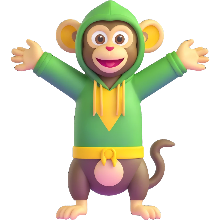 Cute 3D green monkey with big yellow ears, dark hood, and a happy face. Arms open wide, always smiling and full of energy. Friendly, fun, and curious — perfect for preschool kids. emoji