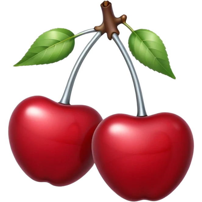 A pair of cherries emoji made of polished silver chrome, smooth rounded shapes, glossy metallic finish, soft highlights and reflections, cute proportions, iOS emoji style, centered, clean white background, no text emoji