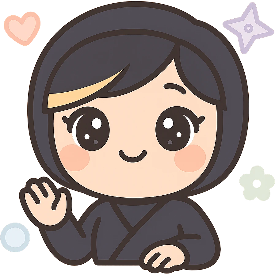 Sexy anime chibi style: kawaii chibi ninja girl with black short hair and a blonde streak, only head and arms, big sparkling anime eyes, rounder face, small mouth, soft shading, pastel colors, clean outlines, transparent background, no mask, hand halfway up, smiling, subtle sexy charm, sized for Twitch emoji use. emoji