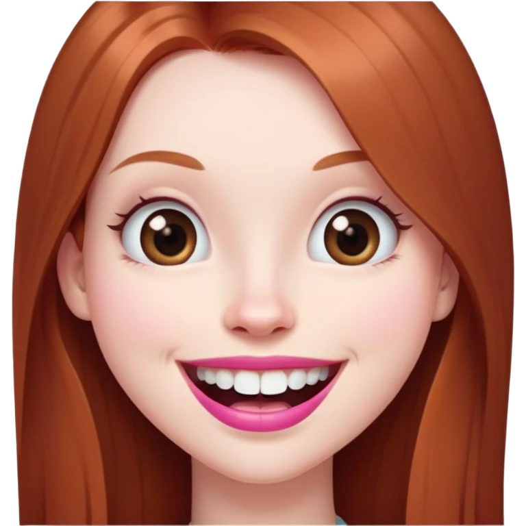 Young girl with pale skin, longer face, full pink lips smiling with big teeth, very long straight auburn hair (lighter ginger, not bright red), big brown eyes, extra large nose, big mouth, slightly asymmetrical features, less conventionally pretty emoji