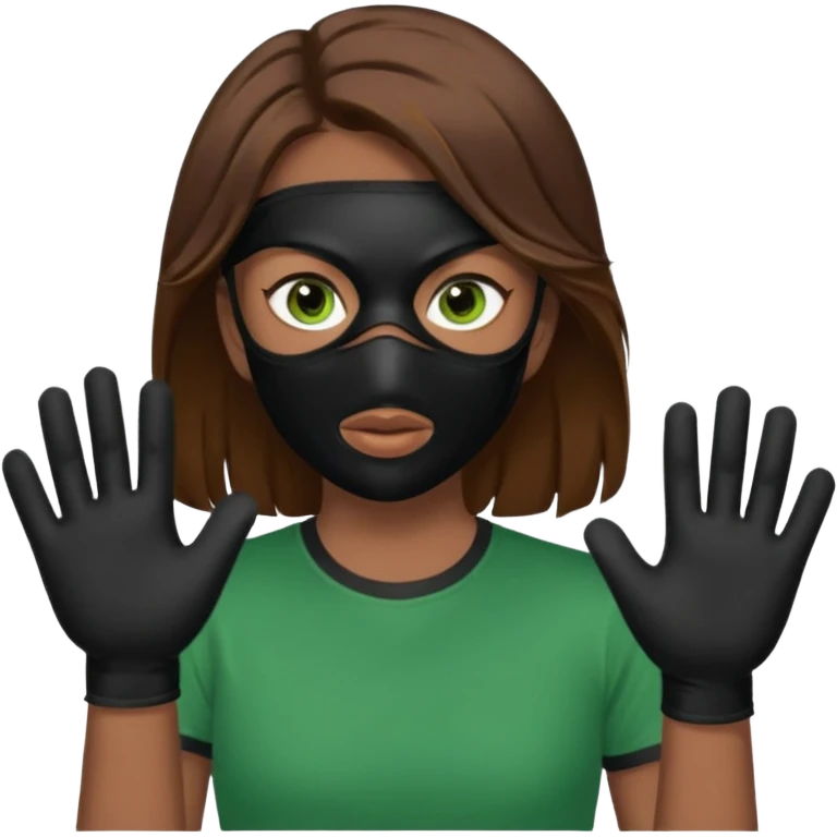 Chico de pelo marrón y ojos verdes, Con un cubre bocas negro, que tiene una camisa verde por encima de una remera blanca, y tiene un guante negro en una sola de las manos. emoji